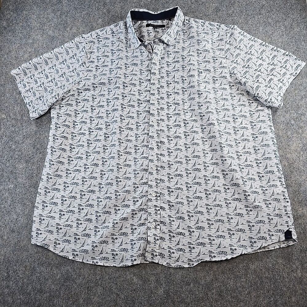 Synrgy Button Up Shirt Short Sleeve Men's 2XLT White w Blue Sailboats Palm Trees